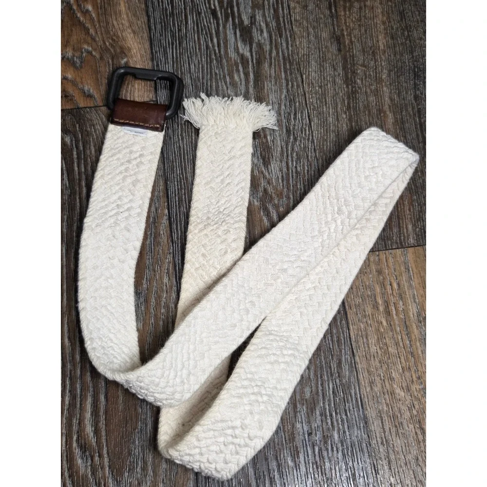 American Eagle Mens Braided Web Belt Cream Cotton Leather D-Ring Buckle AEO